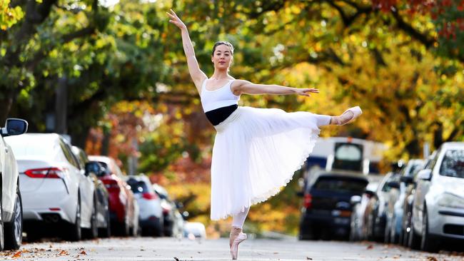 The Australian Ballet soloist Jill Ogai demonstrates some of her dance warm-up techniques performed at her home in Melbourne for Review’s Isolation Room, a video series starring top musicians, writers and artistic performers recorded at their homes. Picture: Aaron Francis / The Australian