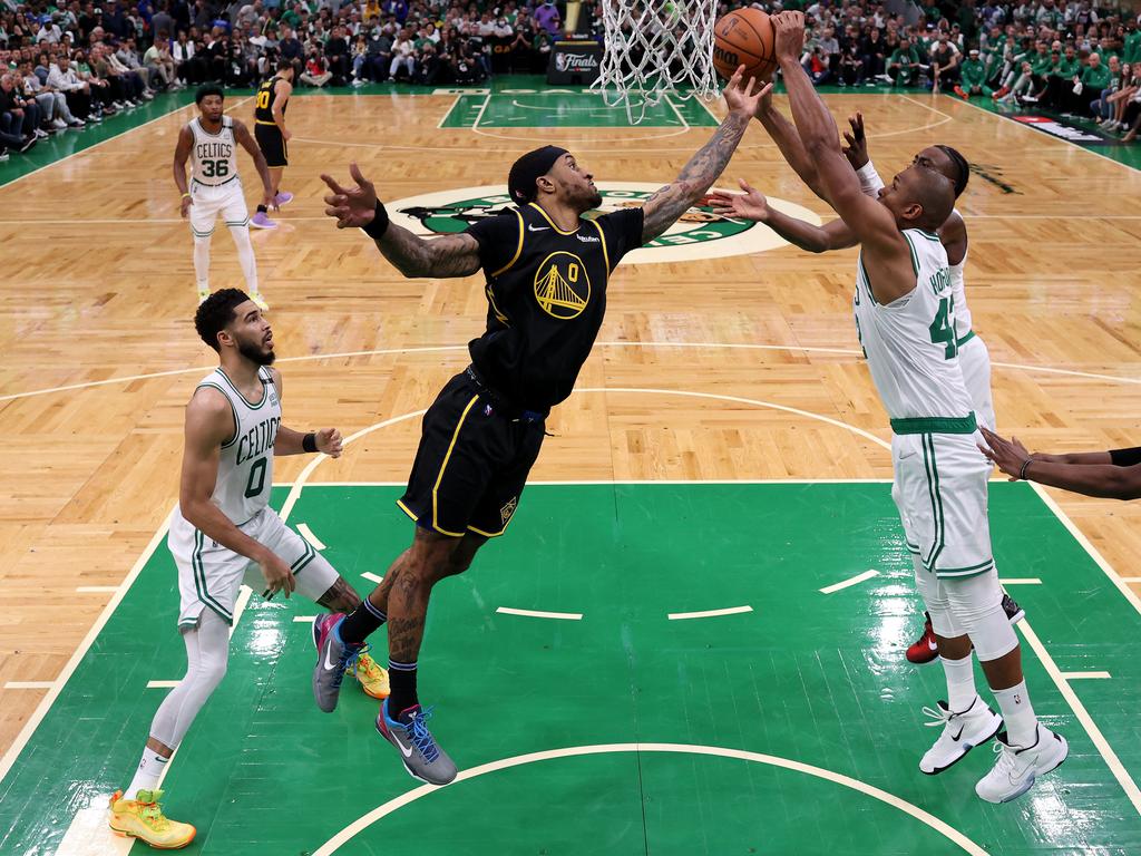Payton fights for a rebound during the NBA Finals against the Celtics. Picture: Kyle Terada – USA TODAY Sports – Pool/2022 Getty Images