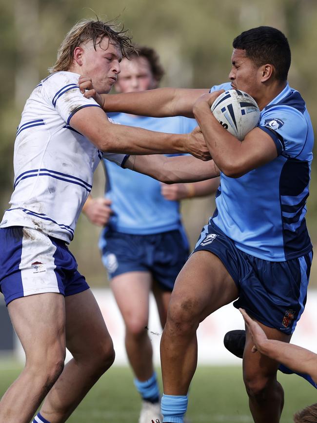 Lajuan Vito hitting the ball up during the NSW U18 Combined High Schools v Combined Catholic Colleges, State Rugby League Tri-Series held at St Mary's Leagues Stadium. Picture: Jonathan Ng