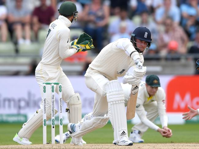 BIRMINGHAM, ENGLAND - AUGUST 05: Stuart Broad of England is caught out by Steven Smith of Australia during day five of the 1st Specsavers Ashes Test between England and Australia at Edgbaston on August 05, 2019 in Birmingham, England. (Photo by Gareth Copley/Getty Images)