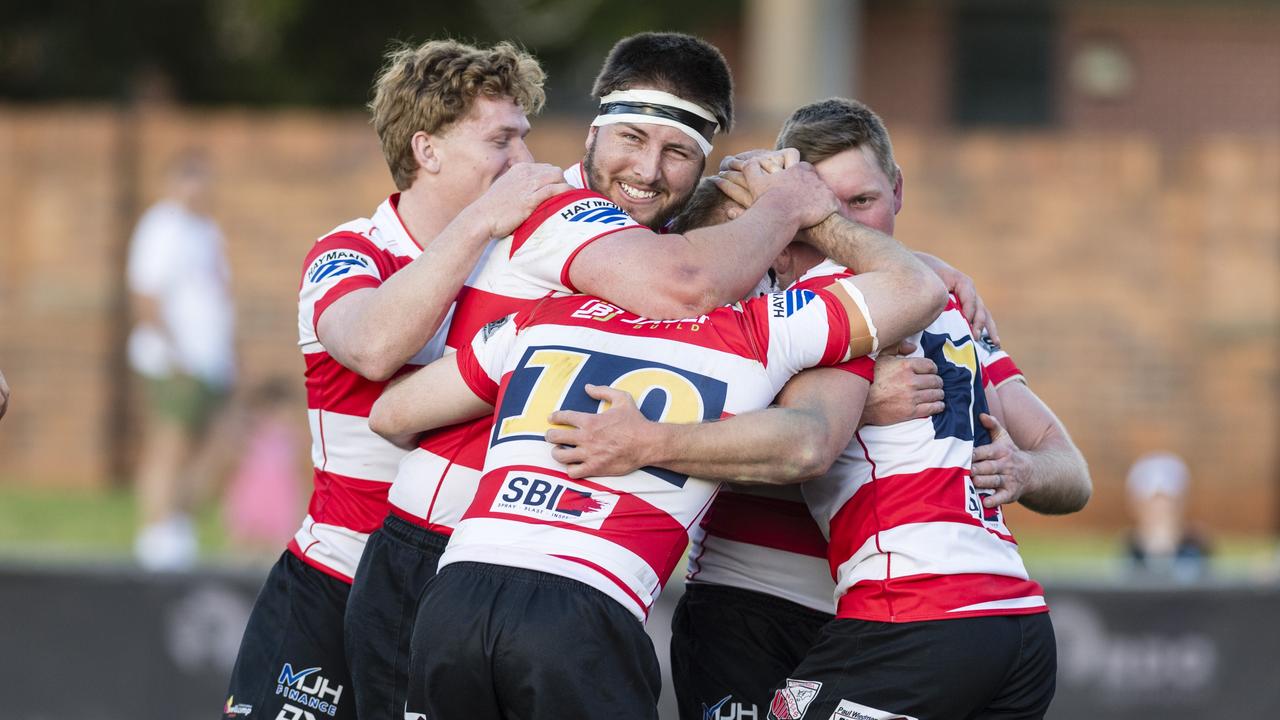 Toowoomba Rangers celebrate a try against Goondiwindi Emus in the 2023 Risdon Cup grand final. Picture: Kevin Farmer