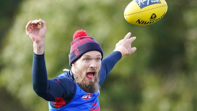 Max Gawn competes for the ball at Melbourne training. Picture: Michael Dodge/AAP