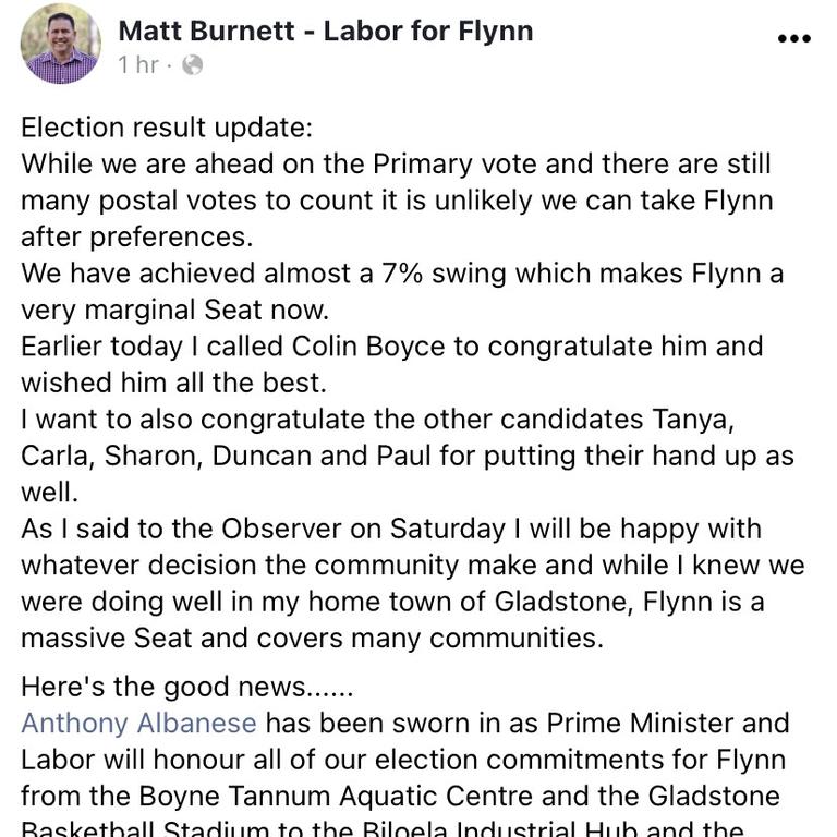 ALP candidate for Flynn and Gladstone Mayor, Matt Burnett has conceded he cannot win Flynn and called LNP's Colin Boyce to congratulate him on Monday afternoon. Picture: Facebook