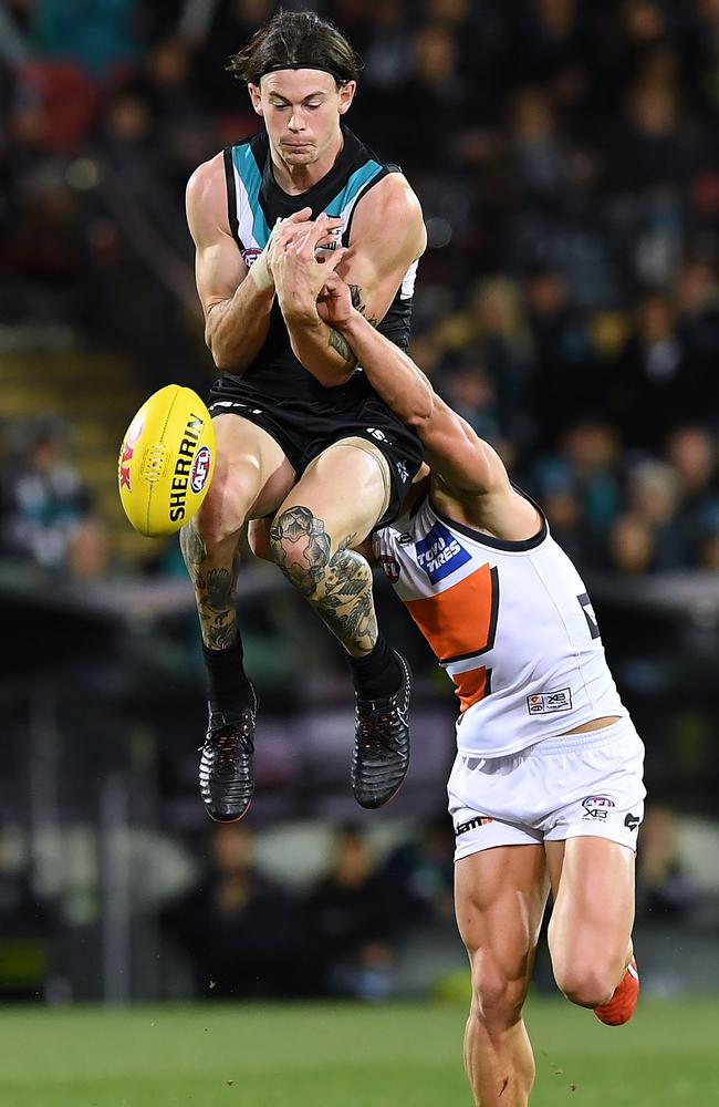 Jasper Pittard of Port Adelaide spills a mark during the round 18 loss to the Giants at Adelaide Oval. Picture: Mark Brake/Getty Images