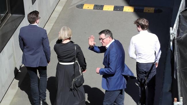 Daniel Andrews was flanked by his family as he announced he would be stepping down. Picture: David Crosling