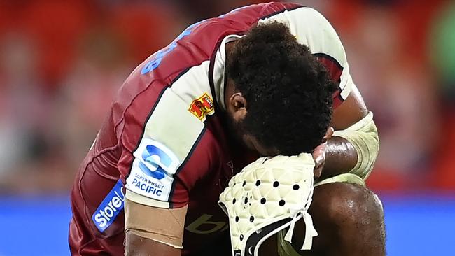 BRISBANE, AUSTRALIA - MARCH 30: Seru Uru of the Reds reacts after his team's defeat during the round six Super Rugby Pacific match between Queensland Reds and ACT Brumbies at Suncorp Stadium, on March 30, 2024, in Brisbane, Australia. (Photo by Albert Perez/Getty Images)