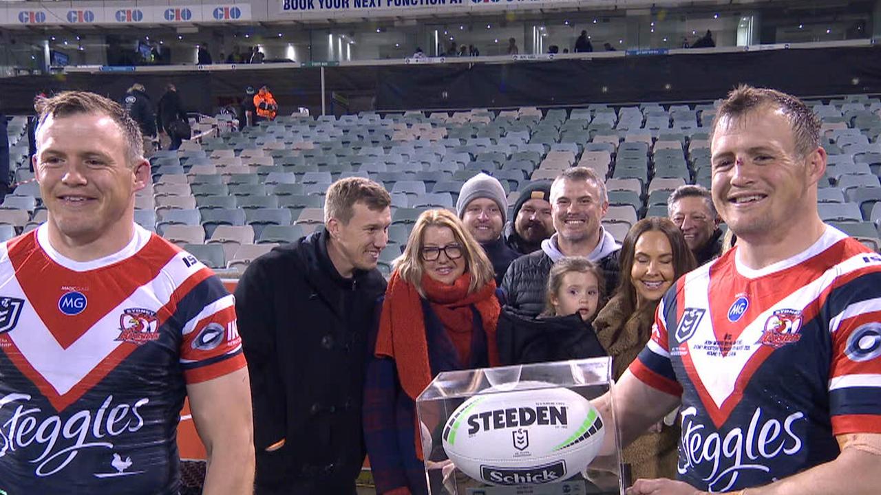 Josh Morris (right) celebrates his 300th game with family and friends.