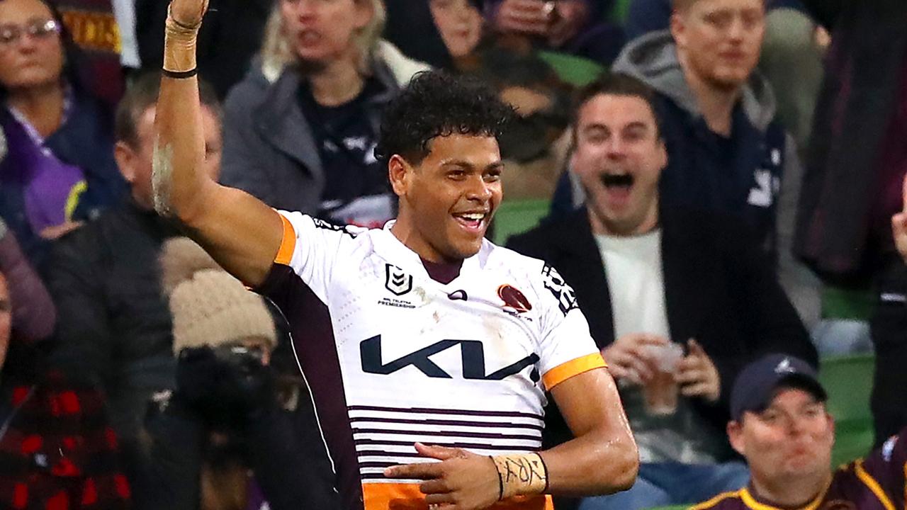 MELBOURNE, AUSTRALIA - JUNE 17: Selwyn Cobbo of the Broncos celebrates scoring a try during the round 15 NRL match between the Melbourne Storm and the Brisbane Broncos at AAMI Park, on June 17, 2022, in Melbourne, Australia. (Photo by Kelly Defina/Getty Images)