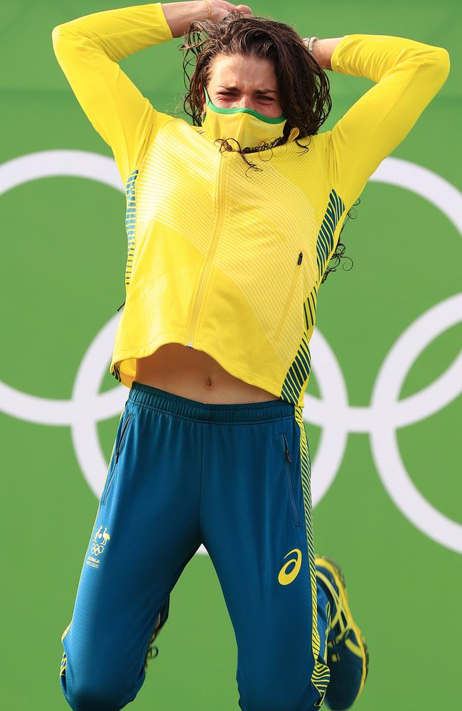 Jumping for joy – Australia's Jess Fox wins gold in the Women's Canoe Finals. Picture: Adam Head