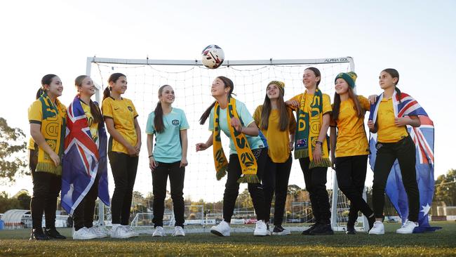 Fans from the Blacktown City FC pictured getting ready for the Matildas match against France win the weekend. L to R, Tahlia Malivindi, Sienna Corsiatto, Gabriella baker, Riley Steer, Addison Xerri, Olivia Cutajar, Chloe Bowden, Eva Jollow and Stella Marmora. Picture: Sam Ruttyn