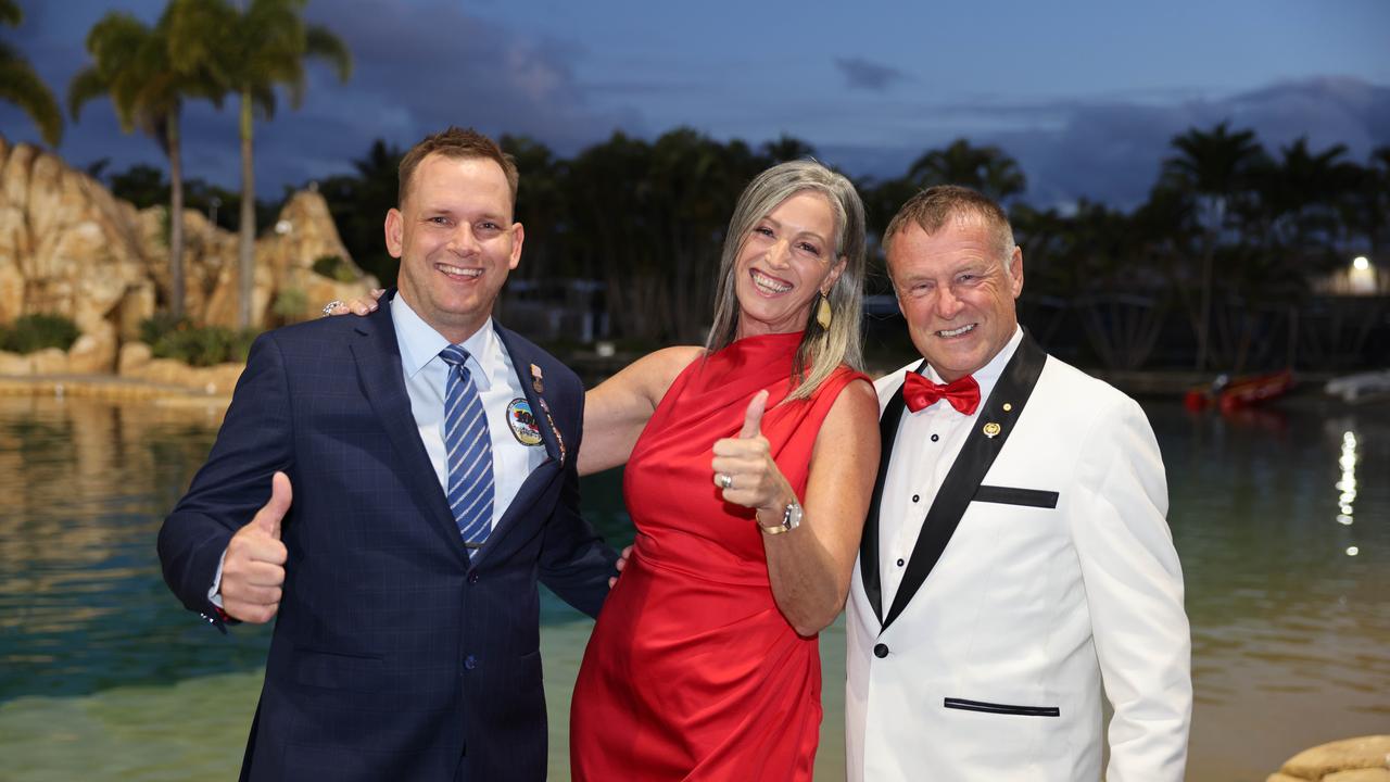 Jared Clark, Carol Fox and Ken Clark at the Surf Life Saving Queensland Point Danger Branch centennial celebration at Sea World for Gold Coast at Large. Picture, Portia Large.