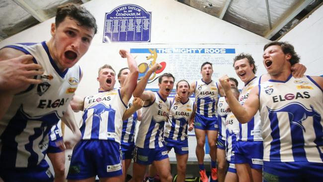 Yackandandah players celebrate their big win over Beechworth.