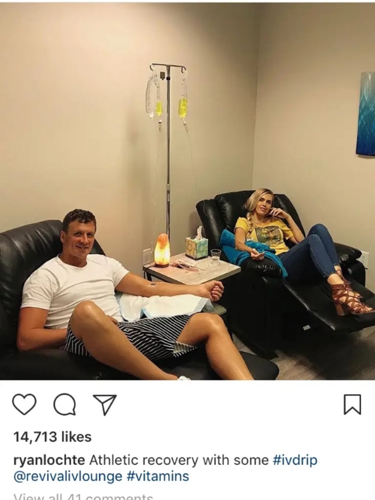 Ryan Lochte via Instagram using an IV to inject vitamins.