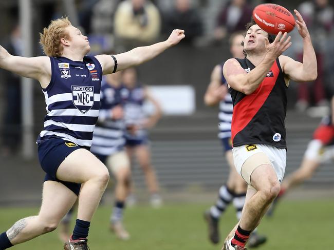 RDFL footy: Macedon V Riddell at Macedon. Ridell's Daniel Jurczyluc, right. Picture: Andy Brownbill