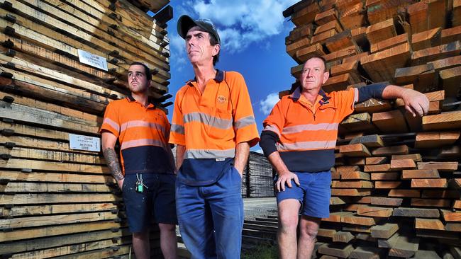 Aaron McDonough, Craig Stevenson and Peter Ferguson of the Heyfield timber mill. Picture: Tony Gough