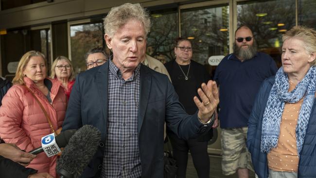 Mr Lawrence’s brother, Phillip, his sisters, friends and family outside court after Dent’s second sentencing. Picture: NCA NewsWire / Naomi Jellicoe