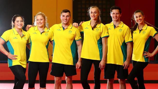 The Australian Commonwealth Games Gymnastics Team and the six Queenslanders involved from left to right:  Georgia Godwin, Rianna Mizzen, Michael Mercieca, Georgia-Rose Brown, Michael Tone, Danielle Prince. Pics Adam Head