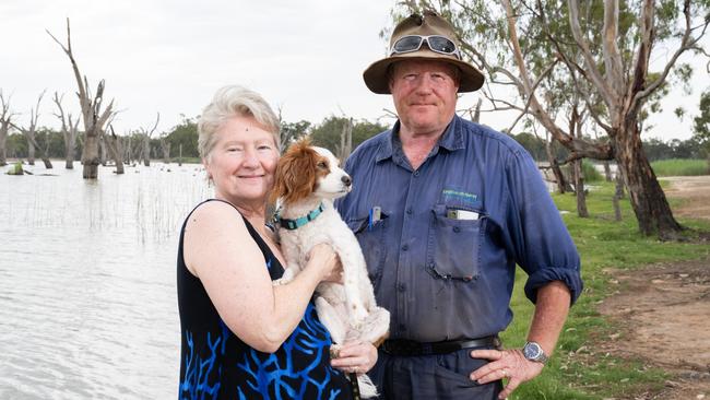 Kingston On Murray Caravan Park owners Barbara and Geoff Calvert with their dog Arya. Picture: Morgan Sette