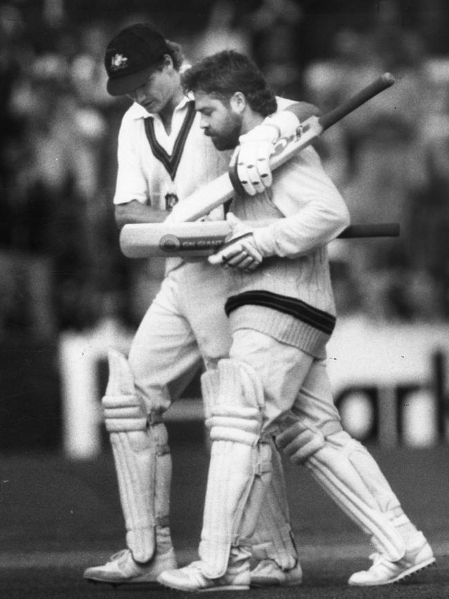 David Boon right, is congratulated by Dean Jones on reaching his century in the Australia vs England Third Test match at Adelaide Oval in 1986.