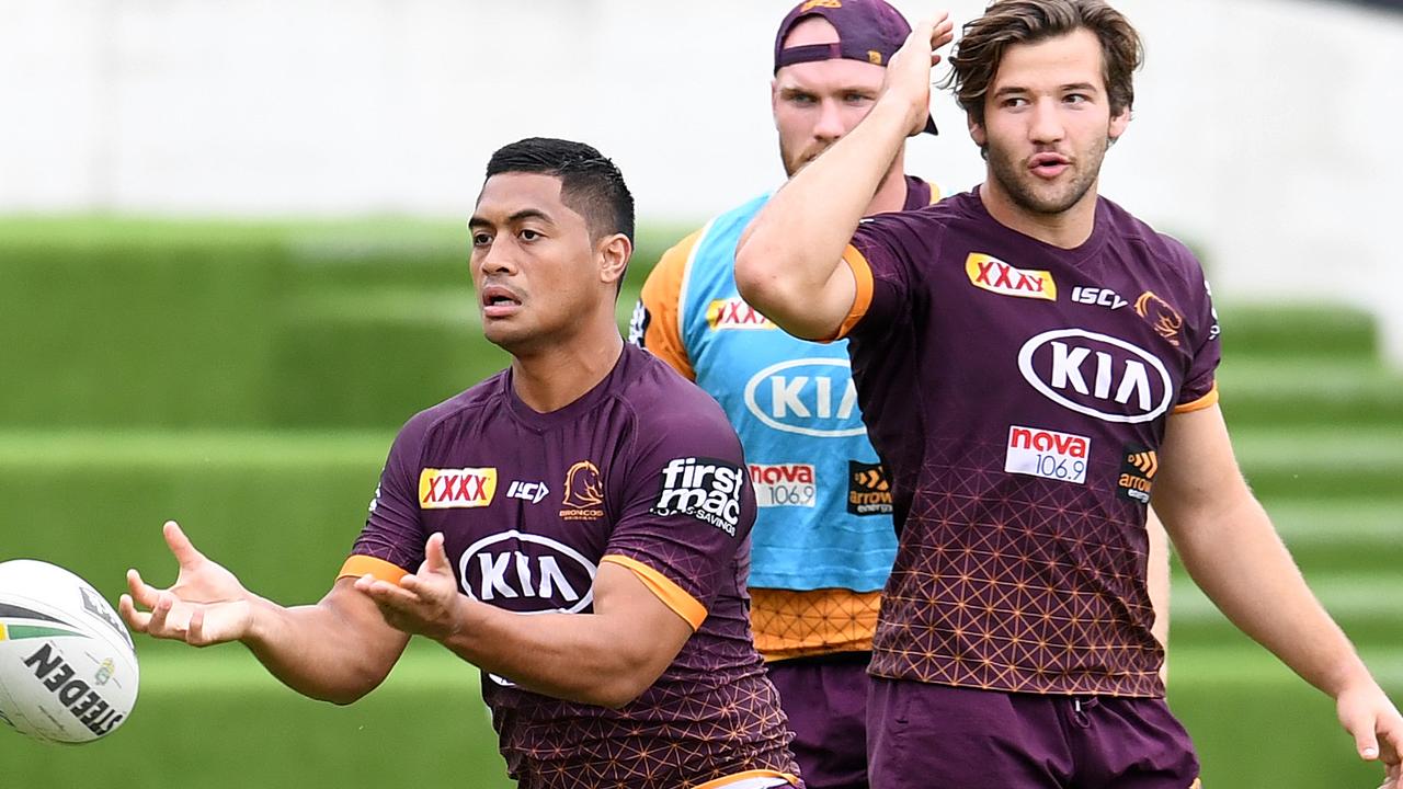 Brisbane Broncos players Anthony Milford (left) and Patrick Carrigan are seen during training in Brisbane, Thursday, May 21, 2020. (AAP Image/Dan Peled) NO ARCHIVING