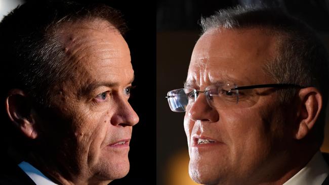 ***A diptych created on Friday, May 17, 2019, of both major party leaders reacting to the death of former Australian prime minister Bob Hawke ****  Australian Opposition Leader Bill Shorten addresses the media following the passing of former Australian prime minister Bob Hawke, at the Sydney Opera House in Sydney, Thursday, May 16, 2019. Bob Hawke, who served as Australia's 23rd prime minister from 1983-1991 and led Labor to four consecutive election victories, died at the age of 89. (AAP Image/Bianca De Marchi) NO ARCHIVING *** Prime Minister Scott Morrison makes an address following the passing of former Australian prime minister Bob Hawke, at Brisbane Airport in Brisbane, Thursday, May 16, 2019. Bob Hawke, who served as Australia's 23rd prime minister from 1983-1991 and led Labor to four consecutive election victories, died at the age of 89. (AAP Image/Getty Images Pool, Tracey Nearmy) NO ARCHIVING