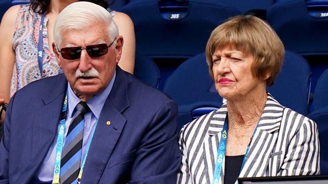 Margaret Court and husband Barry watch the first-round match between Naomi Osaka and Marie Bouzkova on Rod Laver Arena in Melbourne. Picture: AAP