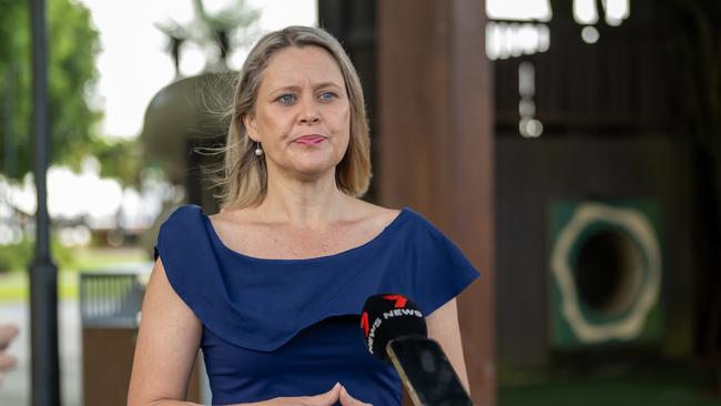 LNP Candidate for Barron River Bree James addresses the media on Friday morning. Picture Emily Barker