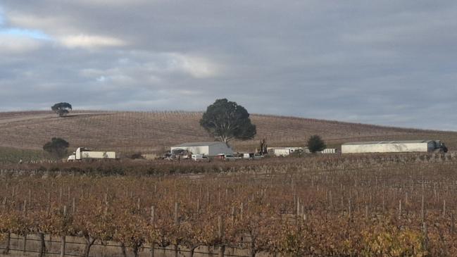An SA police vehicle remains at the scene at Barossa winery Laughing Jack around 4:15pm on 15 May 2025, where a man has died. Picture: Agnes Gichuhi