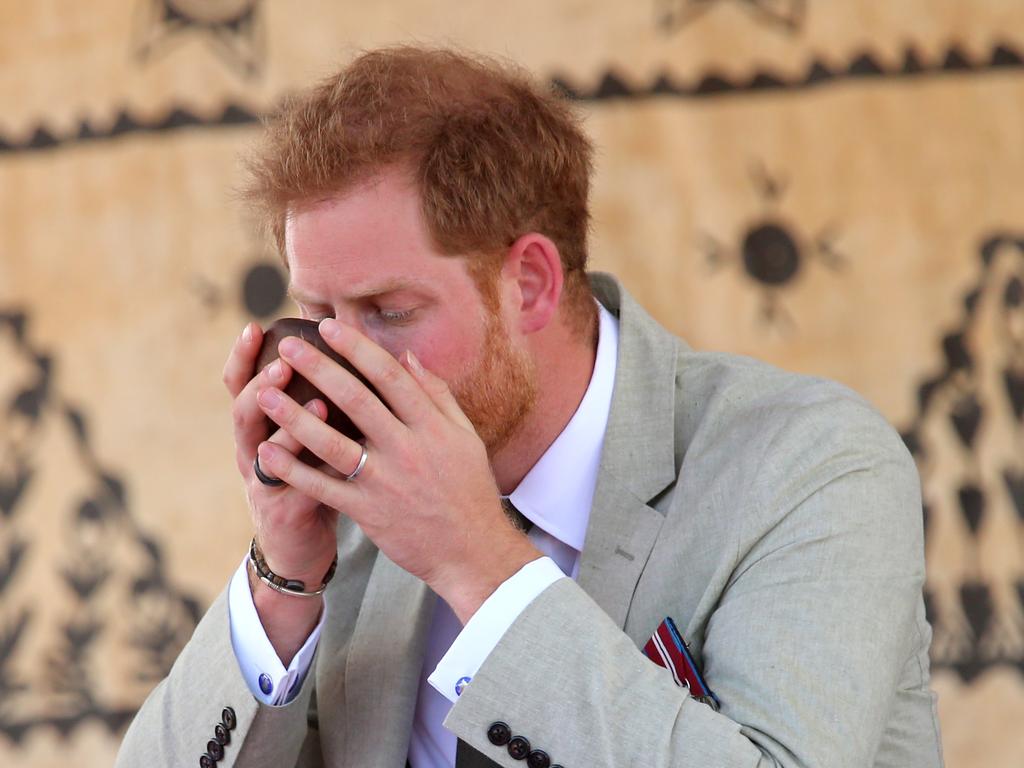 The Duke and Duchess of Sussex Prince Harry and Meghan take part in a traditional fijian ceremony at Nadi Airport in Fiji to . Picture: Nathan Edwards