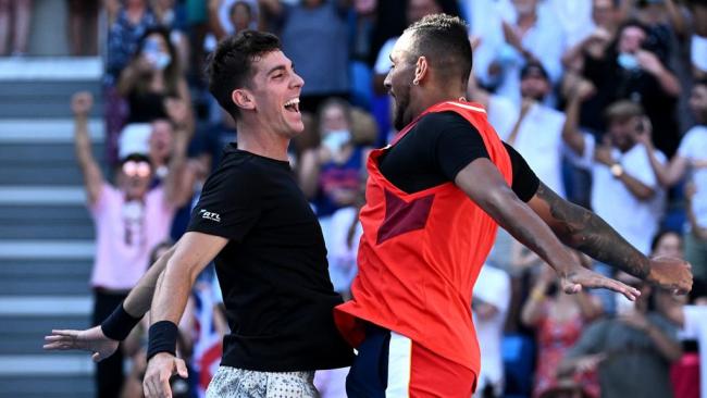 Thanasi Kokkinakis and Nick Kyrgios celebrate match point in their Men’s doubles quarterfinals match.