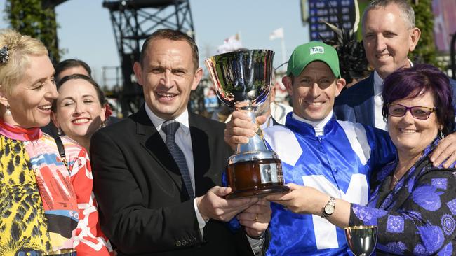 Hugh Bowman poses with trainer Chris Waller after Winx won the Turnbull Stakes in 2018. Picture: Getty