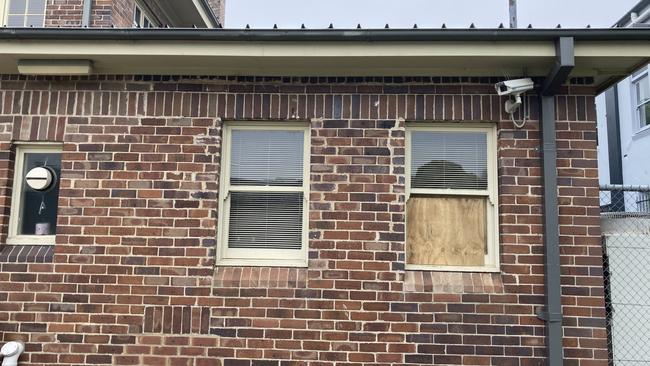 The rear window of the Moss Vale courthouse, which was shattered with a glass ashtray launched by Tyce Wesley. Picture: Adelaide Lang