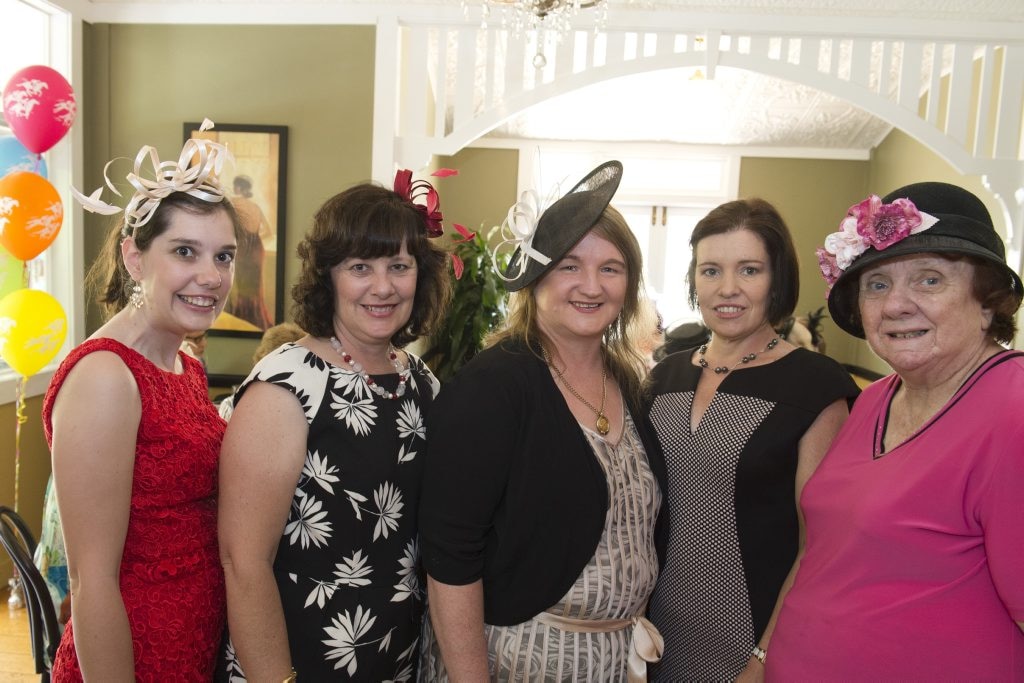 At Toowoomba Hospice Melbourne Cup luncheon are (from left) (from left) Melissa Orford, Sue Orford, Vicki Kelly, Debbie Keleher and Glenda Orford at Cafe Valetta. Picture: Kevin Farmer