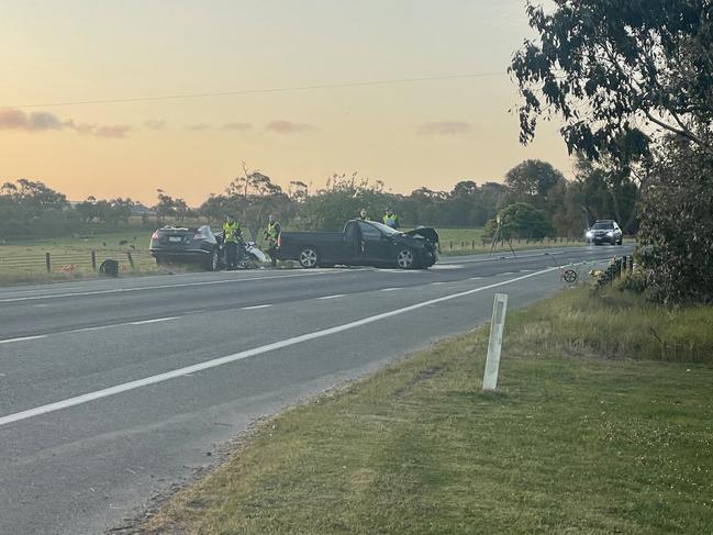 Three people have been flown to hospital after a crash on the South Gippsland Hwy in Lang Lang on Tuesday, October 29 2024, just hours after a fatal collision nearby. Picture: Jack Colantuono