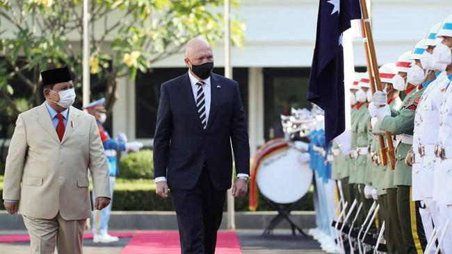 Indonesia's defence minister Prabowo Subianto, who has come out in favour of AUKUS, and Peter Dutton inspect honour guards in Jakarta in September. Picture: Indonesian Defence Ministry/AFP