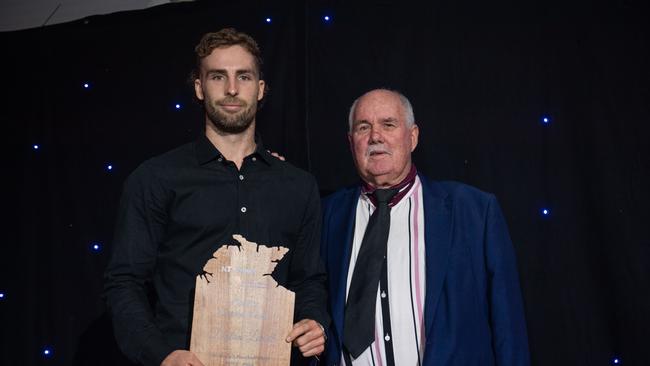 Dylan Landt with Grey Morris at the 2023-24 NTFL Nichols awards night. Picture: Pema Tamang Pakhrin