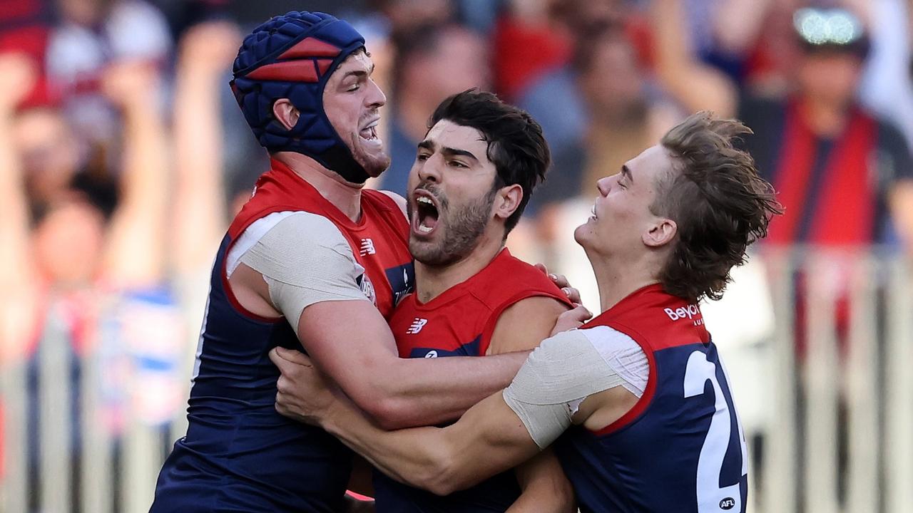 Christian Petracca of the Demons celebrates after kicking a goal (Photo by Paul Kane/Getty Images)