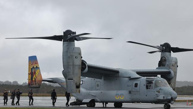 US Navy Leap Frogs Parachute Team board an MV-22 Osprey at Gold Coast Airport to practice for their jump for the Pacific Airshow at Surfers Paradise. Picture Glenn Hampson