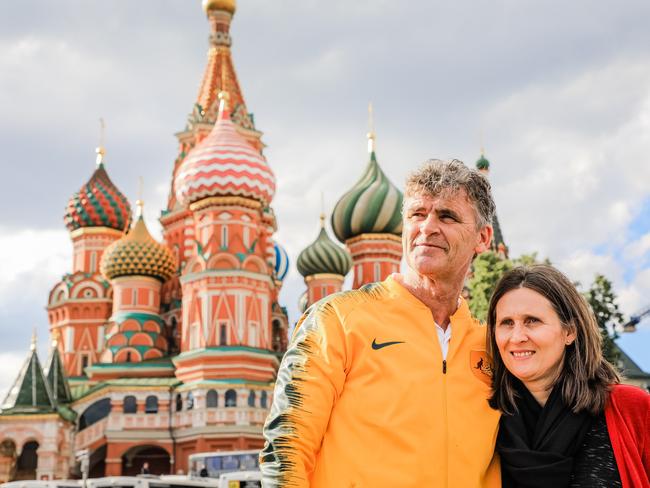 CHAMPION: Alex and Caroline Tobin in front of St Basil’s Cathedral in Moscow Kremlin. The Fanatics in Russia, FIFA World Cup 2018. <b>Picture: SALTY DINGO </b>