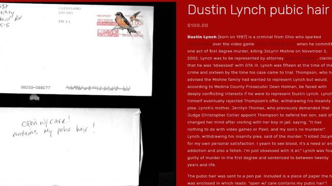 The pubic hair of murderer Dustin Lynch can be purchased for $139. Picture: Supplied