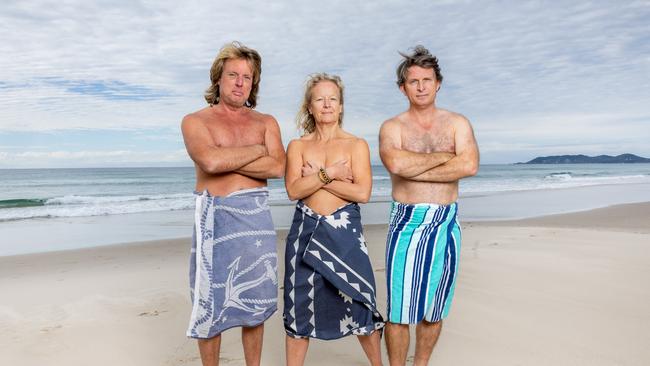 Duncan James, Maxine Hawker and Bradley Benham at Tyagarah Nudist Beach near Byron Bay. Picture by Luke Marsden.