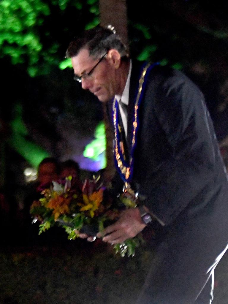 Townsville Mayor Troy Thompson lays a wreath at the 2024 Anzac Day Dawn Service. Picture: Evan Morgan