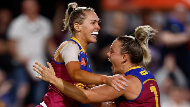 BRISBANE, AUSTRALIA - NOVEMBER 25: Orla O'Dwyer (left) and Ellie Hampson of the Lions celebrate during the 2023 AFLW First Preliminary Final match between The Brisbane Lions and The Geelong Cats at Brighton Homes Arena on November 25, 2023 in Brisbane, Australia. (Photo by Michael Willson/AFL Photos via Getty Images)