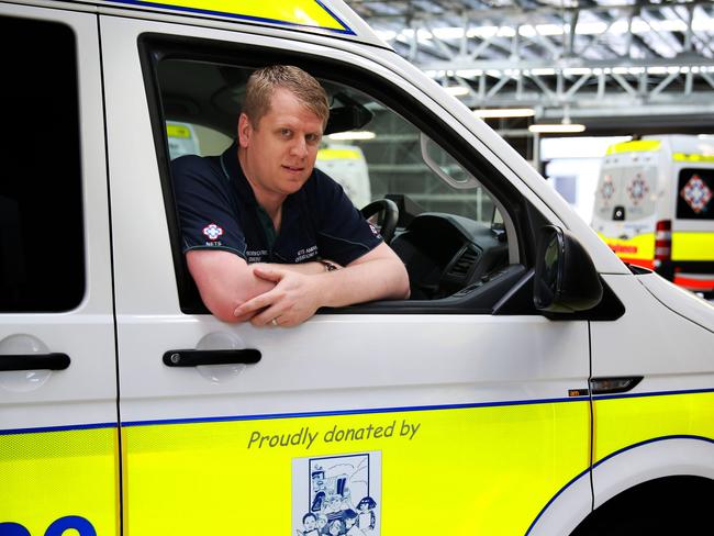 Operations and facility manager Joshua Emanuel sits in the Ambulance that Convoy for kids Sydney helped fund.  Bankstown, Friday, November 10th 2017. NETS (Newborn and Paediatric Emergency Transport Service). Convoy for kids are a pride of oz nominee and they have raised $100k recently. (AAP Image / Angelo Velardo)