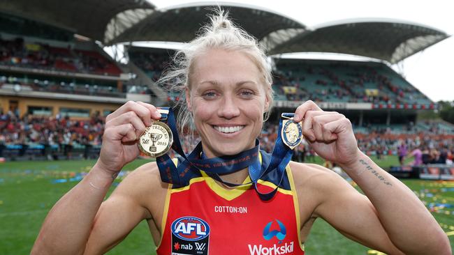 Erin Phillips with her Premiership Medal and Best-on-ground medal after 2019 AFLW Grand Final. Picture: Michael Willson/AFL Photos