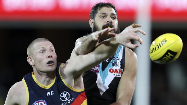 Sam Jacobs and Paddy Ryder compete during Showdown 45 at Adelaide Oval. Picture Sarah Reed