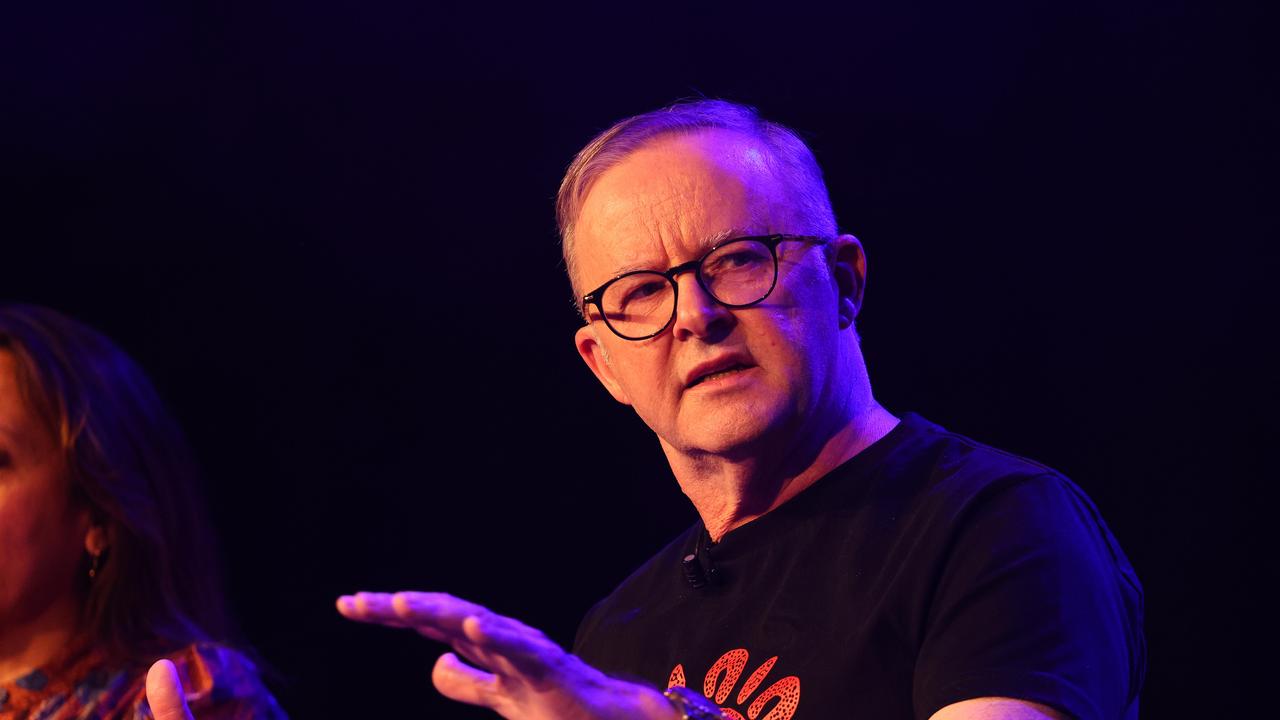 Prime Minister of Australia Anthony Albanese speaks on stage at The West Says Yes event at The Factory Theatre in Marrickville Picture: NCA NewsWire / Max Mason-Hubers