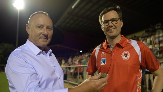 Mindil Beach Head of Finance peter Grundy with Waratah President Rohan Langworthy do the coin toss at the opening game of the NTFL 22/23 season. Picture: (A)manda Parkinson