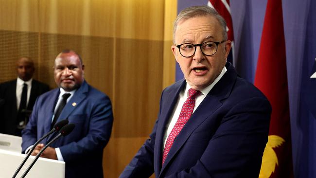 Anthony Albanese announces the agreement in Sydney on Thursday, watch by Papua New Guinea Prime Minister James Marape. Picture: AFP