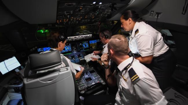 Qantas pilots preparing for the second Project Sunrise test flight from London to Sydney last November. Picture: Supplied